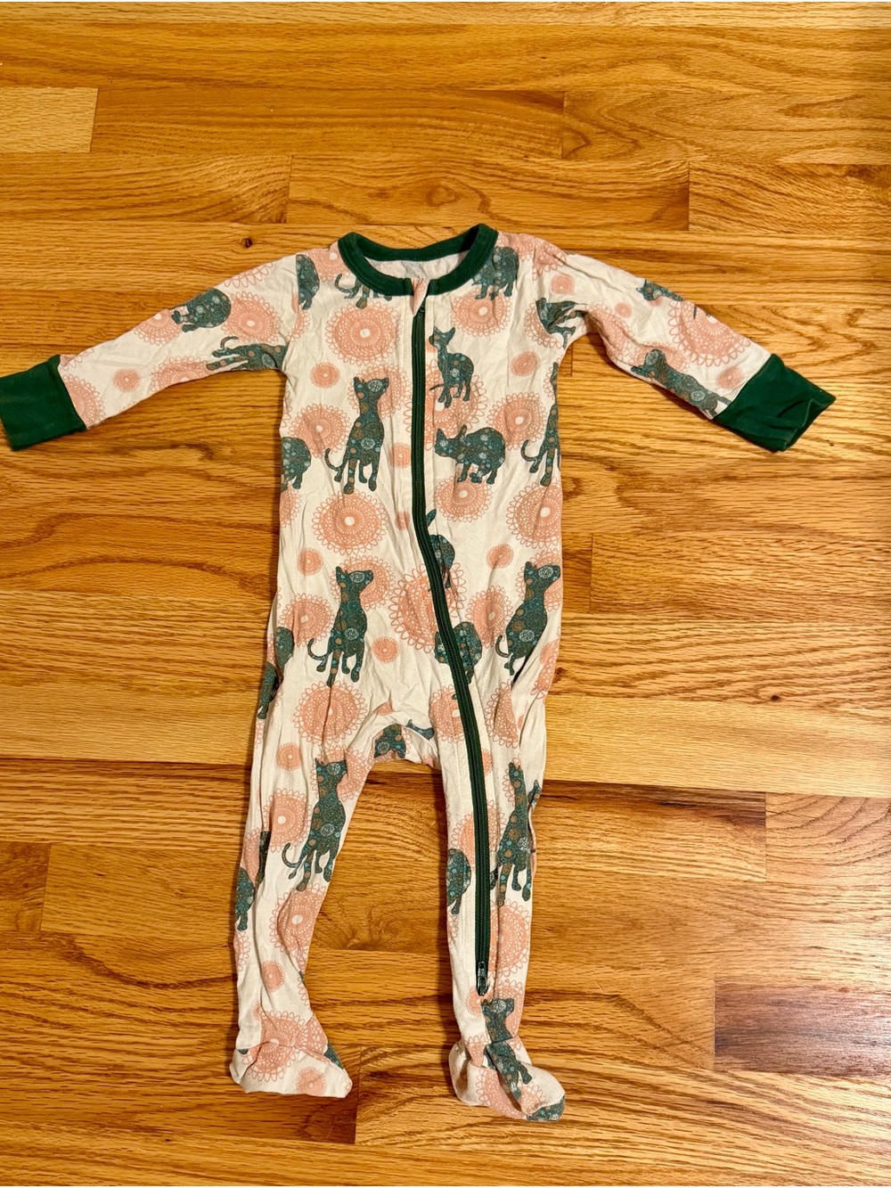 Peach & Green Animal Print Footed One-Piece - Cozy Zip Front
